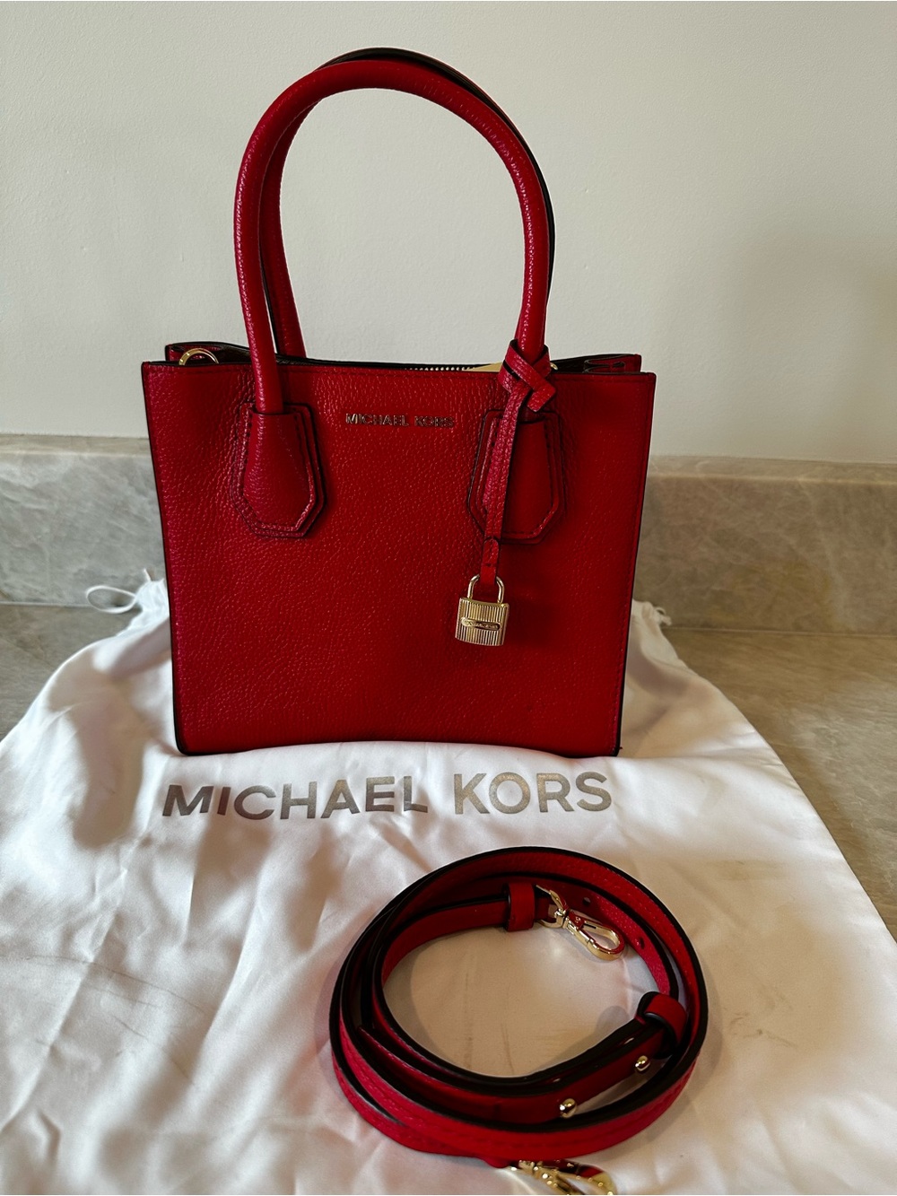 Michael Kors Red Pebbled Leather Satchel with Detachable Strap